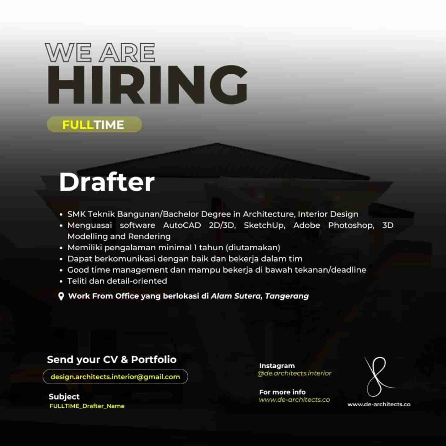 Lowongan Kerja Drafter (Fulltime) di de-architects - Alam Sutera, Tangerang (SMK/S1)